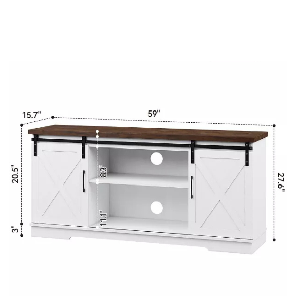 Farmhouse-style TV stand with sliding barn doors, grey water-resistant wood grain finish, and spacious storage for up to 65-inch TVs. Includes adjustable shelves and cable management for a tidy, modern look.