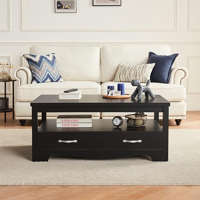 Farmhouse Coffee Table with Storage – Rustic Modern Wood Center Table.Elevate your living room with this durable, waterproof farmhouse coffee table featuring drawers and open shelves. Perfect for rustic or modern decor.
