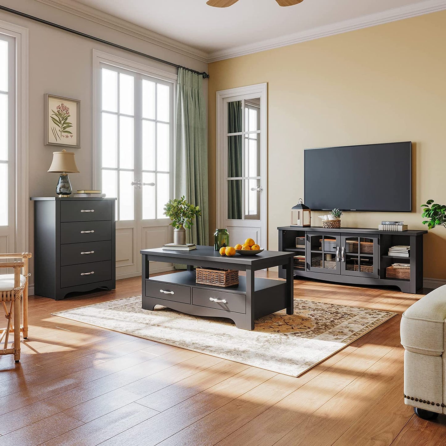 Farmhouse Coffee Table with Storage – Rustic Modern Wood Center Table.Elevate your living room with this durable, waterproof farmhouse coffee table featuring drawers and open shelves. Perfect for rustic or modern decor.