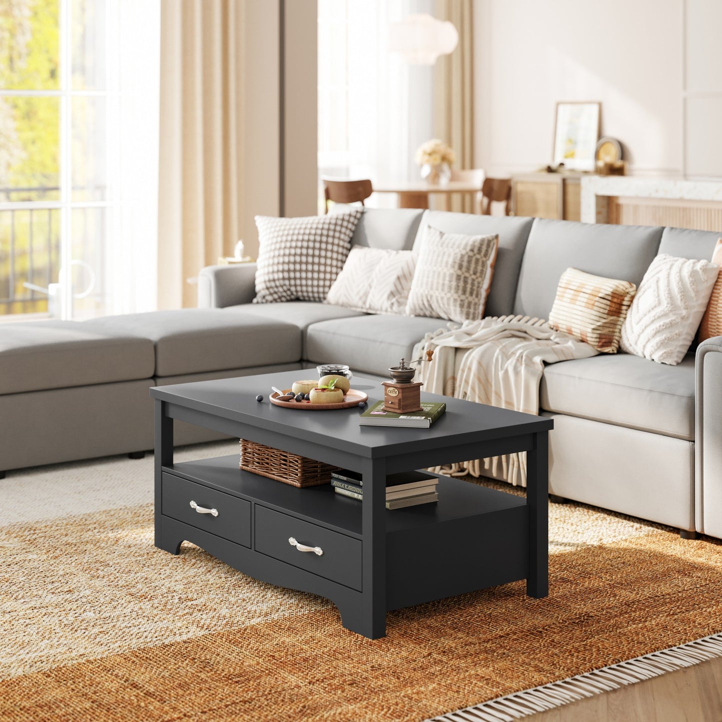 Farmhouse Coffee Table with Storage – Rustic Modern Wood Center Table.Elevate your living room with this durable, waterproof farmhouse coffee table featuring drawers and open shelves. Perfect for rustic or modern decor.