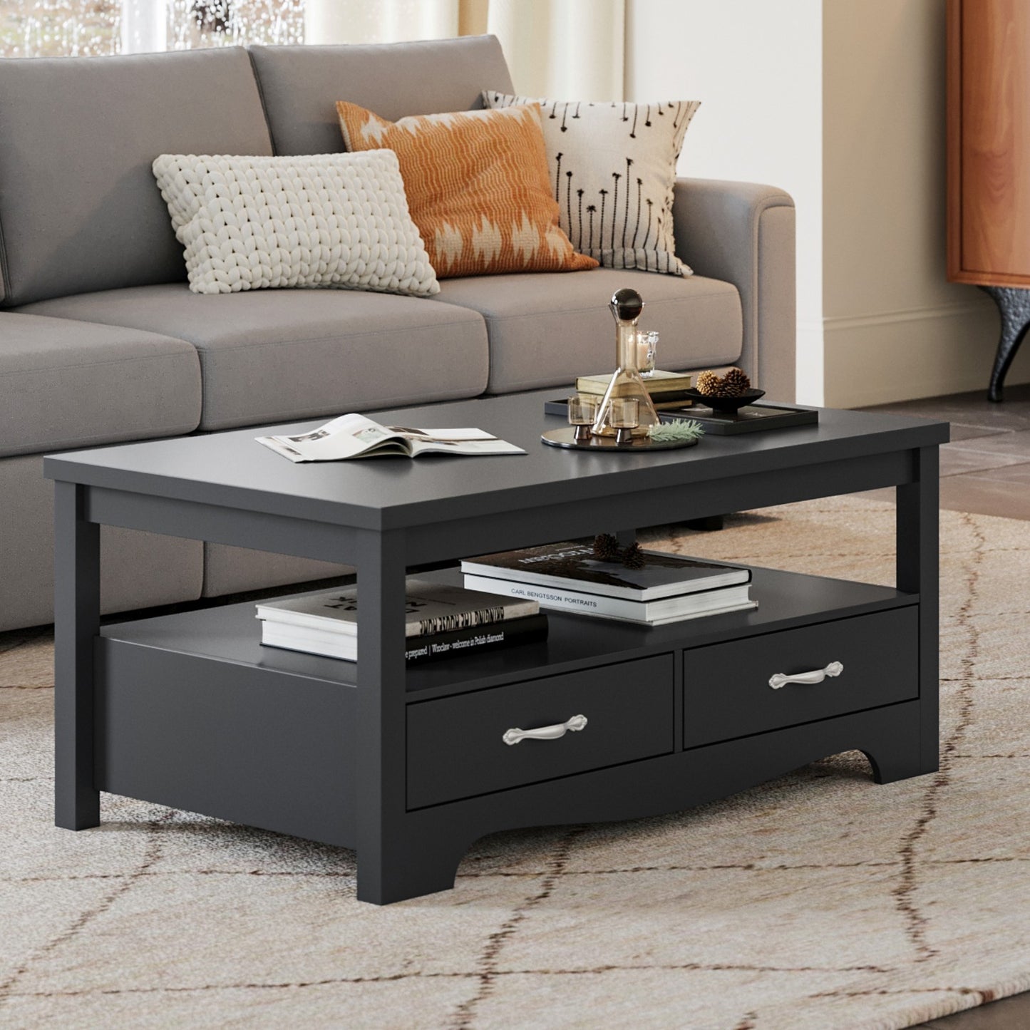 Farmhouse Coffee Table with Storage – Rustic Modern Wood Center Table.Elevate your living room with this durable, waterproof farmhouse coffee table featuring drawers and open shelves. Perfect for rustic or modern decor.
