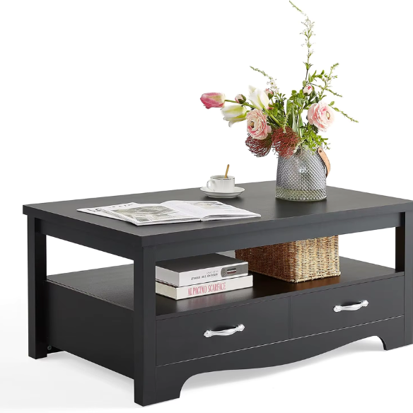 Farmhouse Coffee Table with Storage – Rustic Modern Wood Center Table.Elevate your living room with this durable, waterproof farmhouse coffee table featuring drawers and open shelves. Perfect for rustic or modern decor.