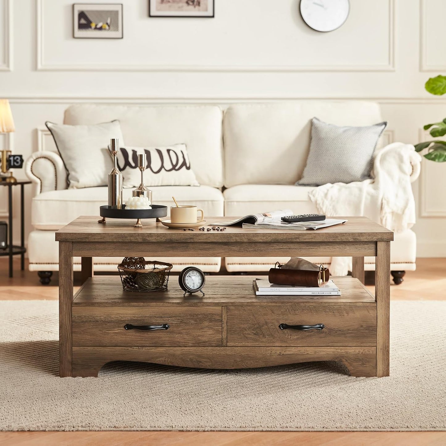 Brown Farmhouse Coffee Table – Rustic Wood Table with Storage & Drawers. Brown Farmhouse Coffee Table with Metal Handles