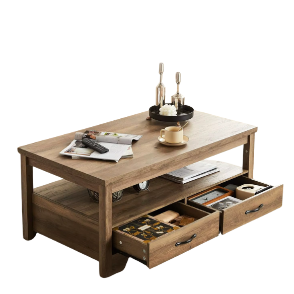 Brown Farmhouse Coffee Table – Rustic Wood Table with Storage & Drawers. Brown Farmhouse Coffee Table with Metal Handles
