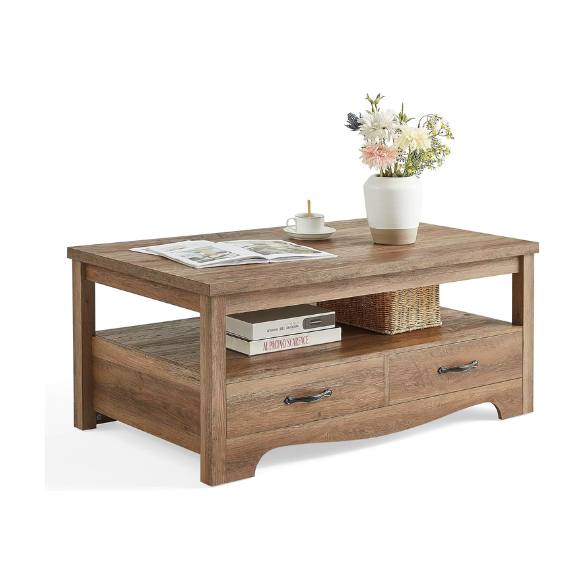 Brown Farmhouse Coffee Table – Rustic Wood Table with Storage & Drawers. Brown Farmhouse Coffee Table with Metal Handles