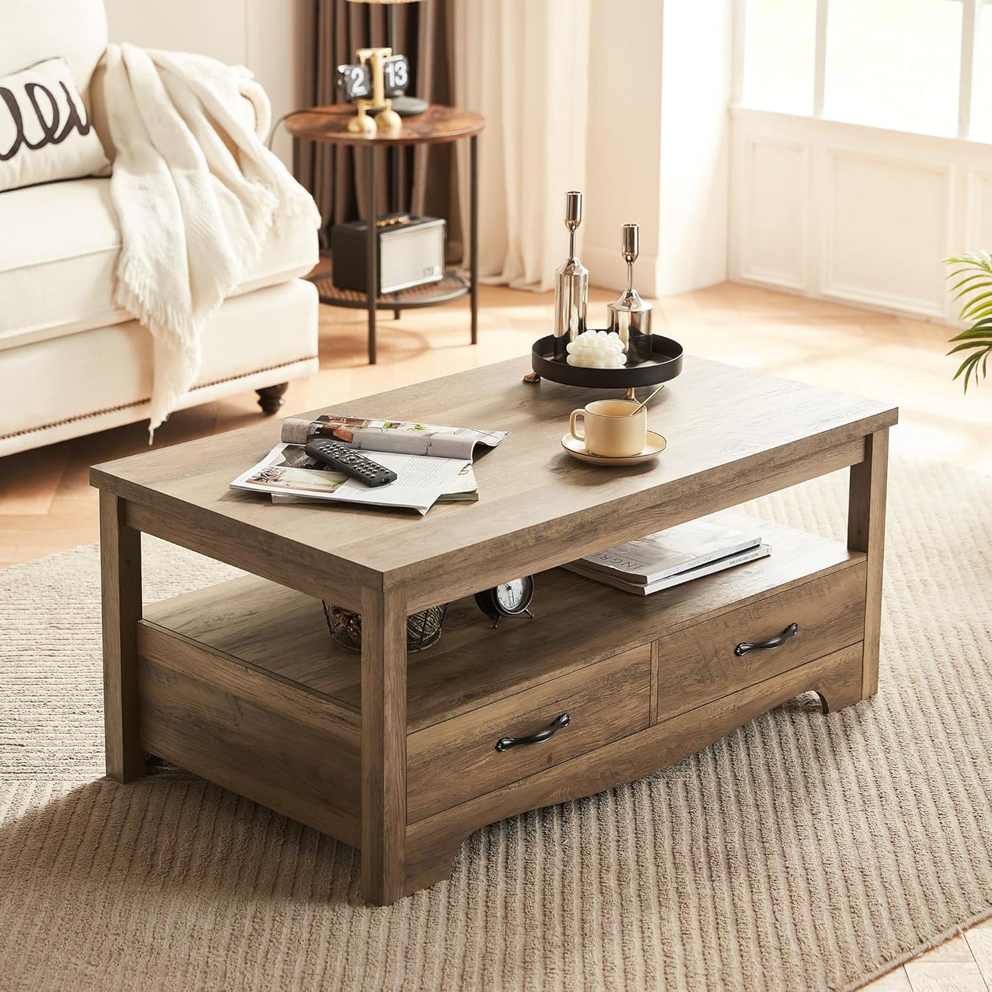 Brown Farmhouse Coffee Table – Rustic Wood Table with Storage & Drawers. Brown Farmhouse Coffee Table with Metal Handles