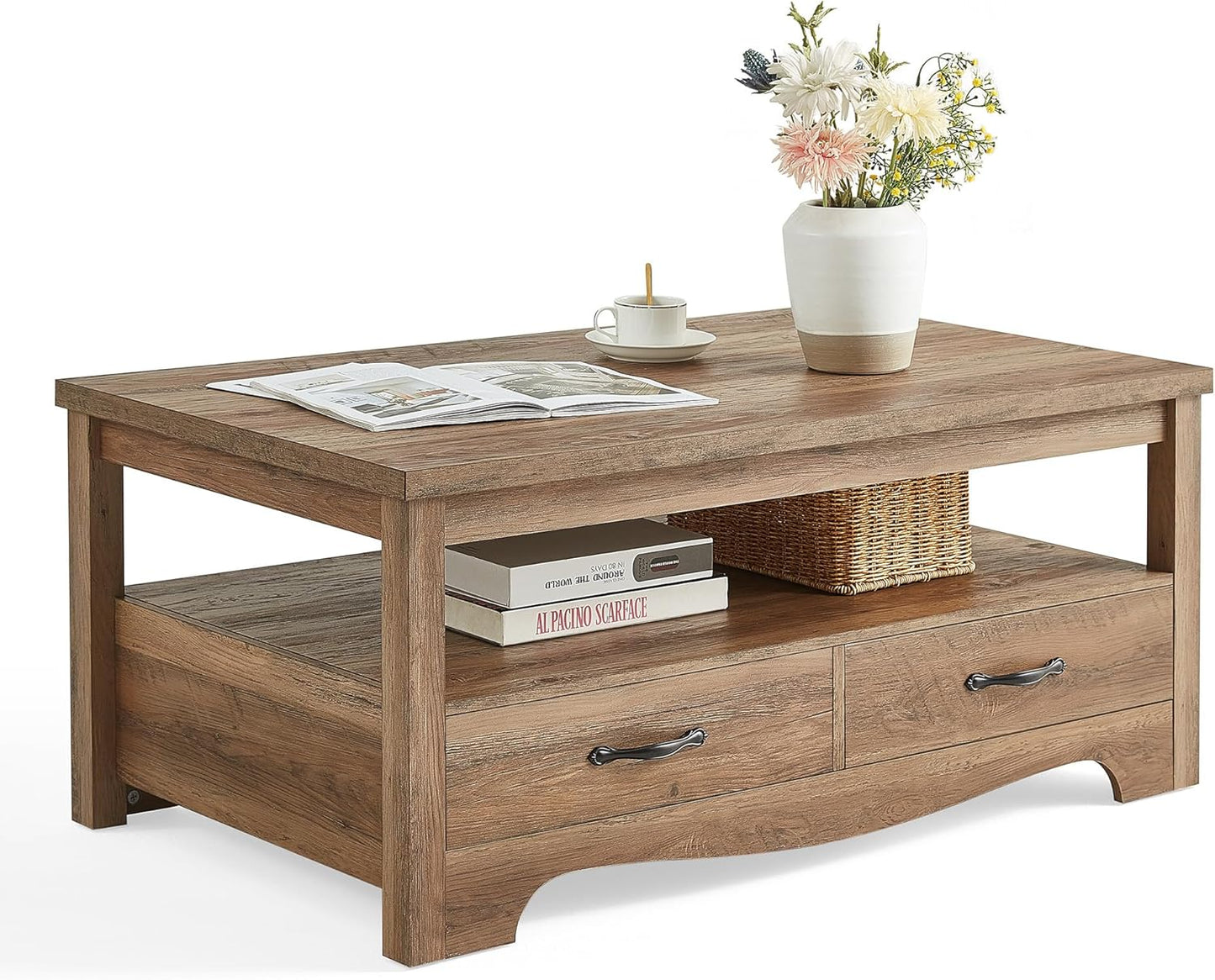 Brown Farmhouse Coffee Table – Rustic Wood Table with Storage & Drawers. Brown Farmhouse Coffee Table with Metal Handles