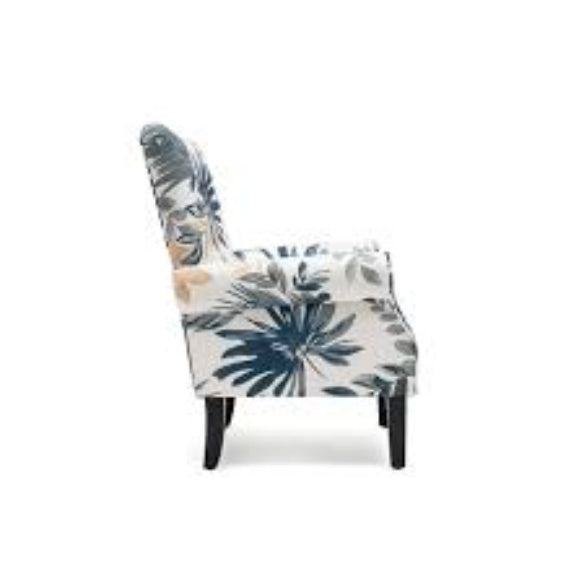 Blue and cream floral accent chair with a high backrest and tapered wooden legs. The chair features a soft floral pattern in serene blue and cream tones, offering a blend of modern sophistication and vintage charm. The design includes cushioned armrests and a generously padded seat for comfort. Ideal for a living room, office, or reading nook, this elegant chair adds a stylish and inviting touch to any space.