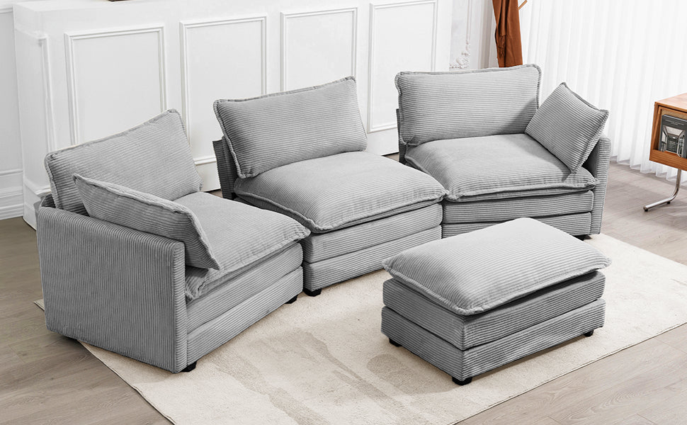 Modern 4-piece L-shaped sectional sofa in premium grey corduroy fabric. Features high-elastic sponge cushions, a sturdy metal and wood frame, and a movable ottoman for flexible configurations. Easy assembly and versatile design perfect for living rooms, bedrooms, or offices.