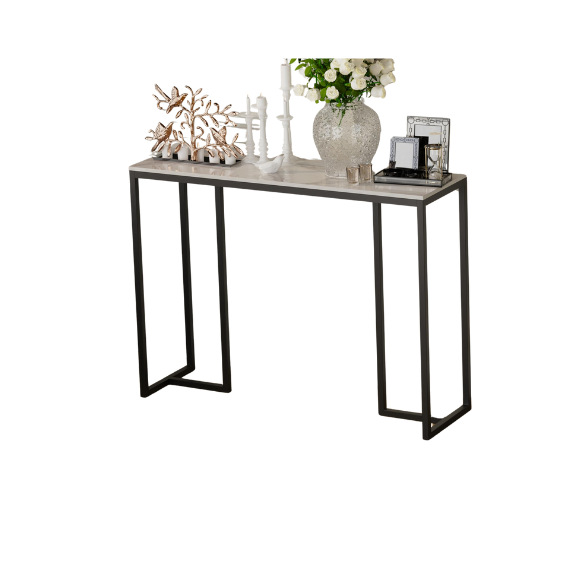 Luxury sintered stone sofa table with marble-look top and black iron legs, modern and durable design for living room, hallway, or office.