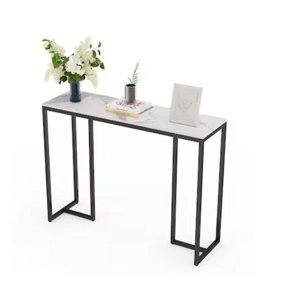 Luxury sintered stone sofa table with marble-look top and black iron legs, modern and durable design for living room, hallway, or office.