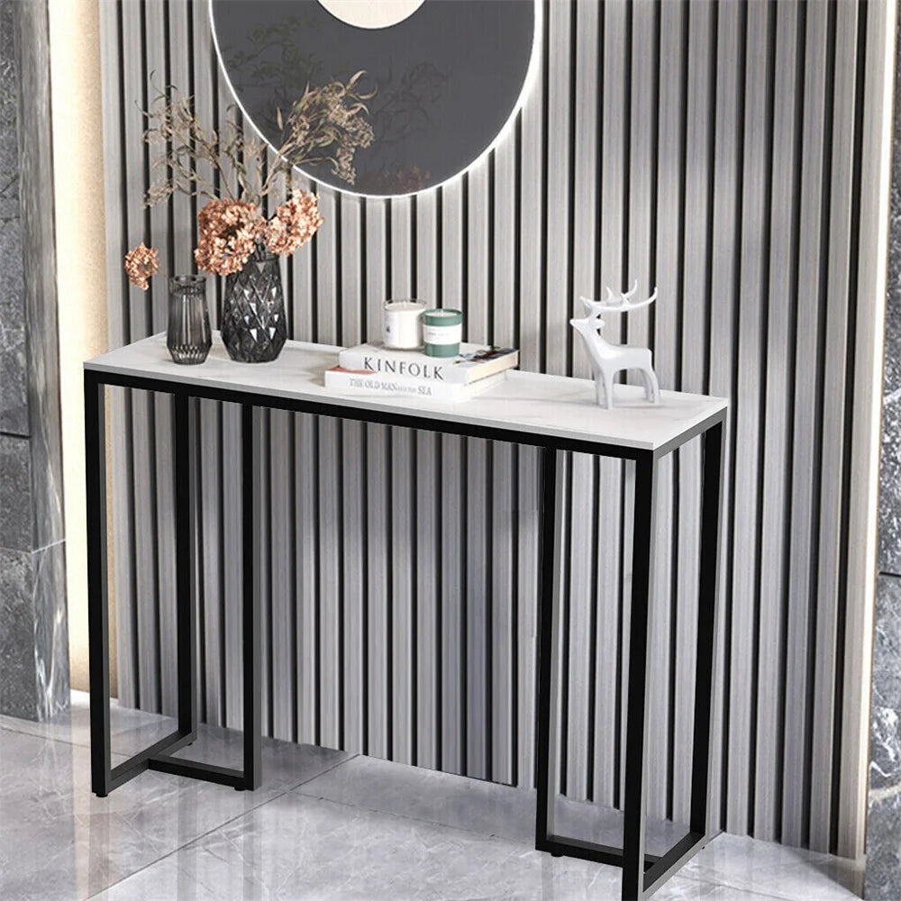 Luxury sintered stone sofa table with marble-look top and black iron legs, modern and durable design for living room, hallway, or office.