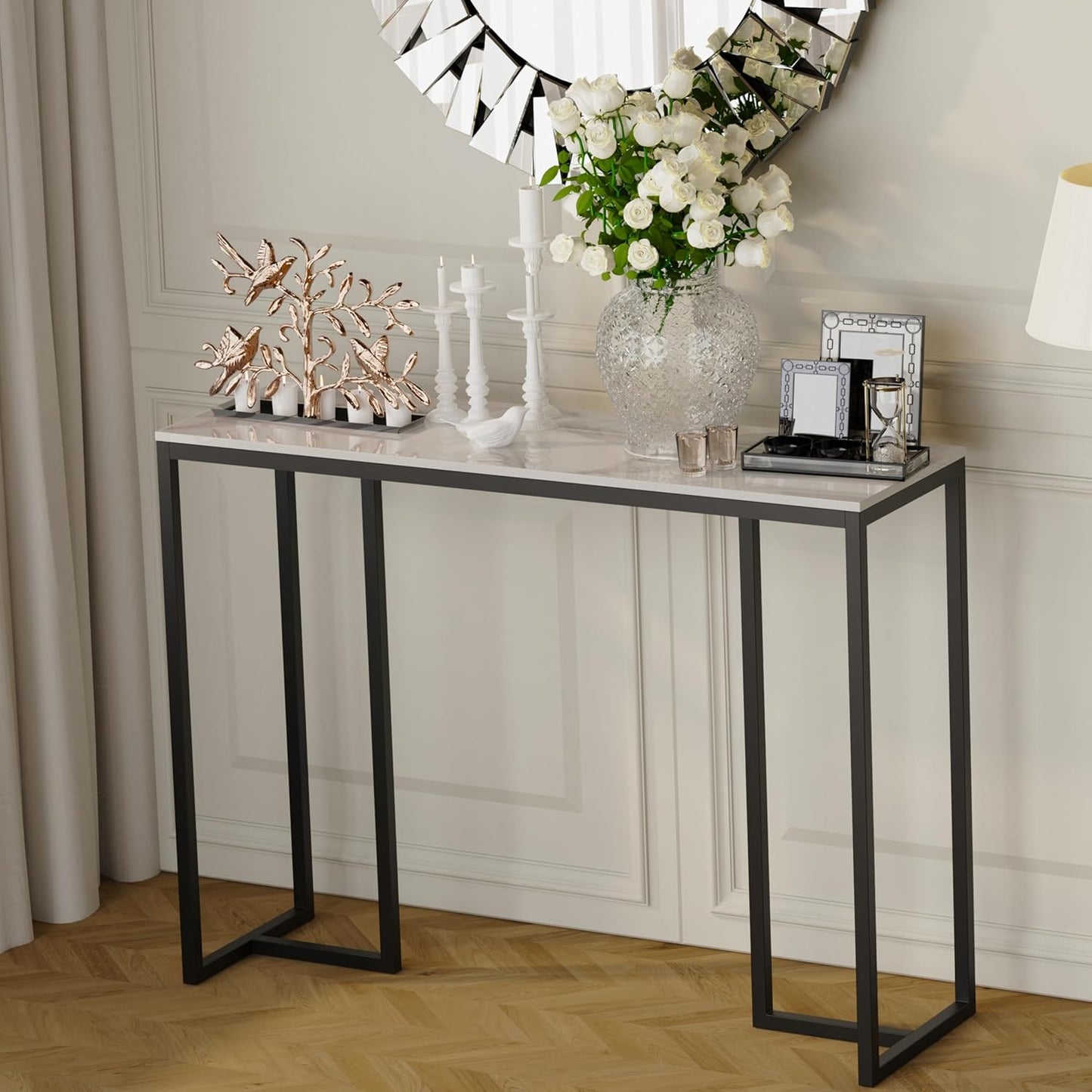 Luxury sintered stone sofa table with marble-look top and black iron legs, modern and durable design for living room, hallway, or office.