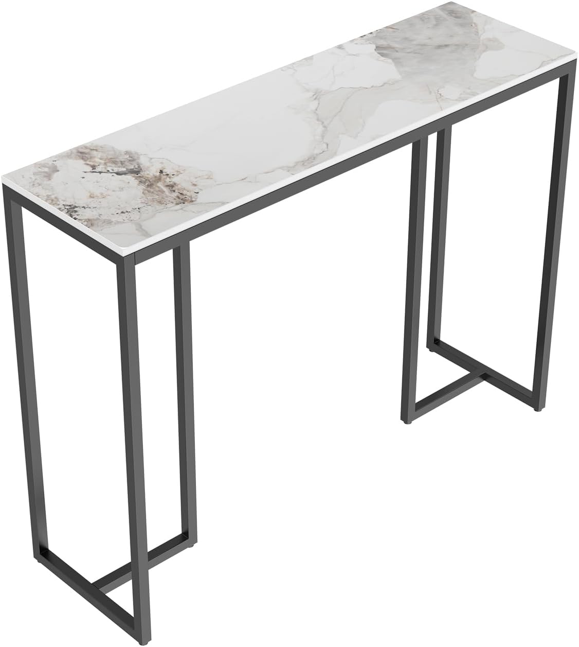 Luxury sintered stone sofa table with marble-look top and black iron legs, modern and durable design for living room, hallway, or office.