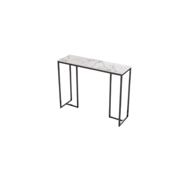 Luxury sintered stone sofa table with marble-look top and black iron legs, modern and durable design for living room, hallway, or office.