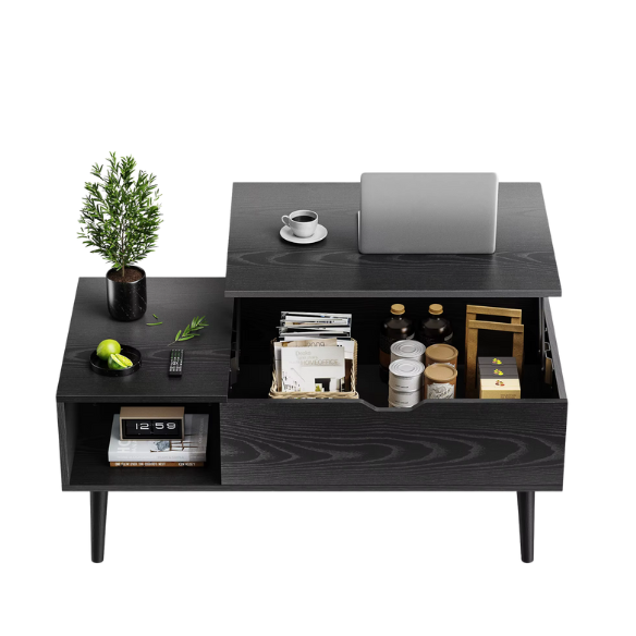 Mid-Century Modern Black Lift-Top Coffee Table – Adjustable Height, Hidden Storage & Side Shelves. Space-Saving Engineered Wood Design with Wood-Grain Finish.