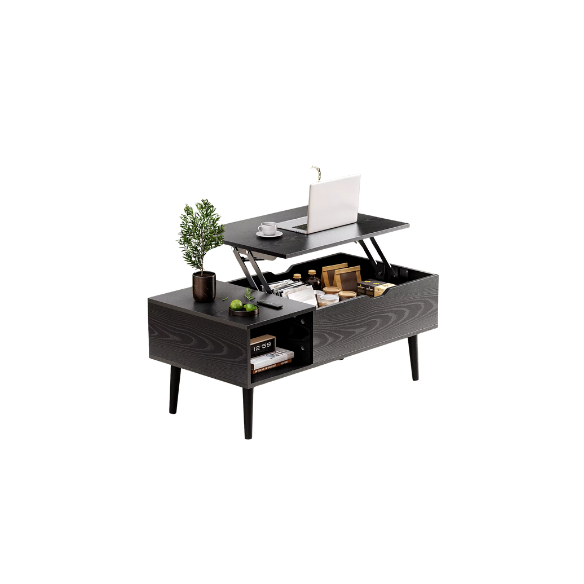 Mid-Century Modern Black Lift-Top Coffee Table – Adjustable Height, Hidden Storage & Side Shelves. Space-Saving Engineered Wood Design with Wood-Grain Finish.