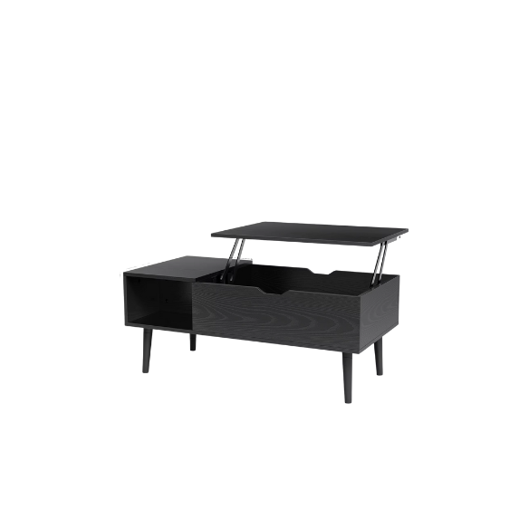 Mid-Century Modern Black Lift-Top Coffee Table – Adjustable Height, Hidden Storage & Side Shelves. Space-Saving Engineered Wood Design with Wood-Grain Finish.