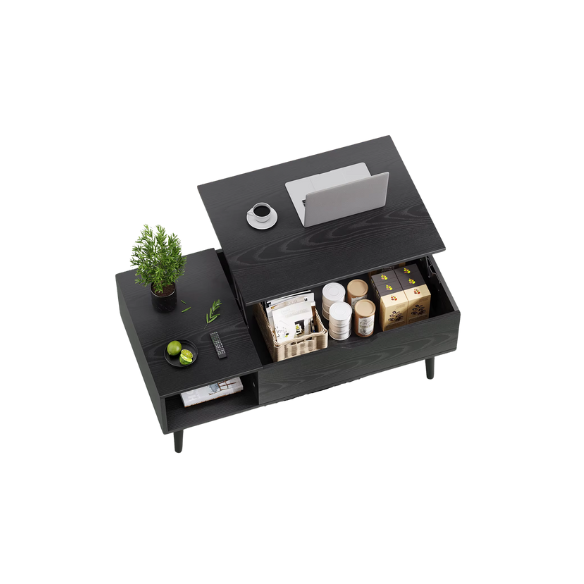 Mid-Century Modern Black Lift-Top Coffee Table – Adjustable Height, Hidden Storage & Side Shelves. Space-Saving Engineered Wood Design with Wood-Grain Finish.