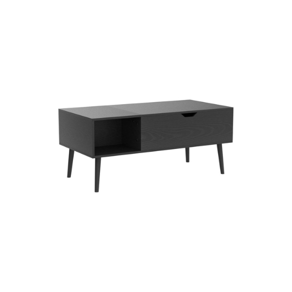Mid-Century Modern Black Lift-Top Coffee Table – Adjustable Height, Hidden Storage & Side Shelves. Space-Saving Engineered Wood Design with Wood-Grain Finish.