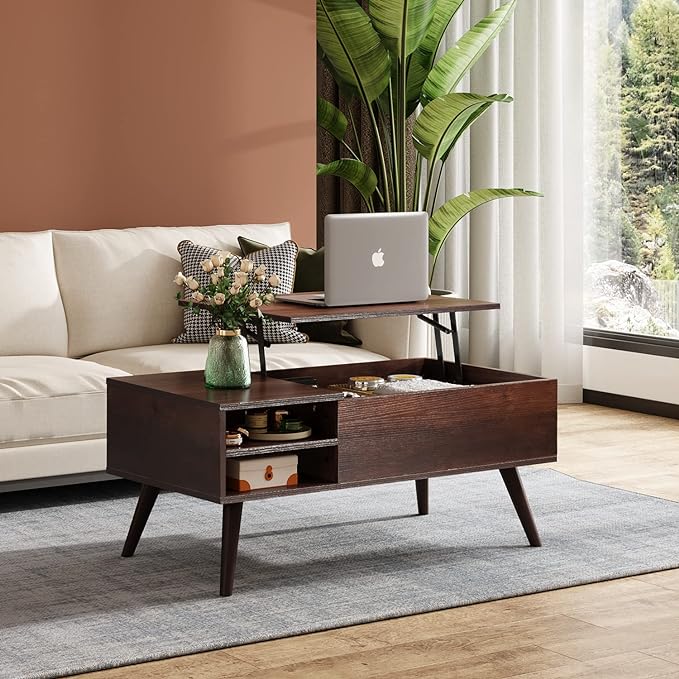 Dual-toned espresso finish. Child-safe hydraulic lift. Espresso lift-top coffee table. Mid-century storage table espresso.