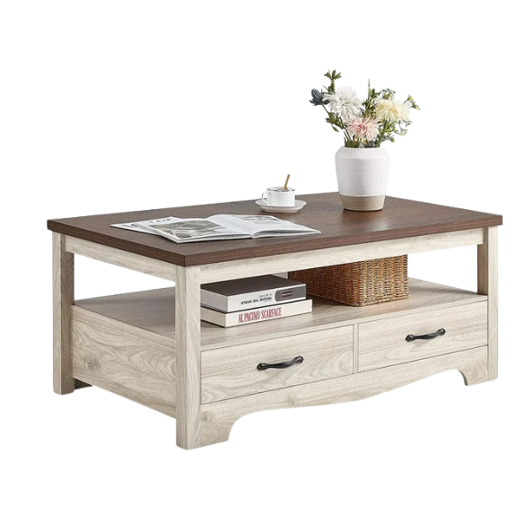 Farmhouse Coffee Table with Storage – Rustic Modern Wood Center Table.Elevate your living room with this durable, waterproof farmhouse coffee table featuring drawers and open shelves. Perfect for rustic or modern decor.