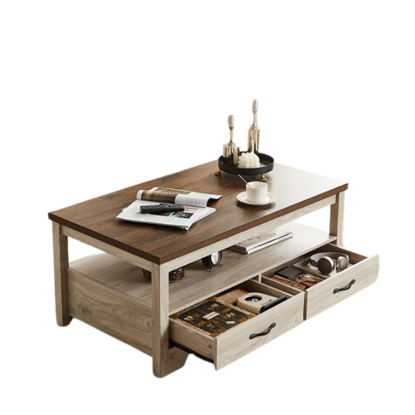 Farmhouse Coffee Table with Storage – Rustic Modern Wood Center Table.Elevate your living room with this durable, waterproof farmhouse coffee table featuring drawers and open shelves. Perfect for rustic or modern decor.