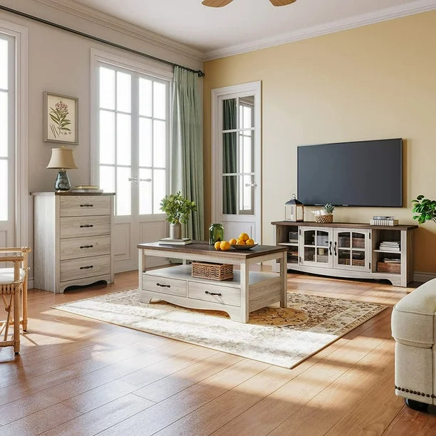 Farmhouse Coffee Table with Storage – Rustic Modern Wood Center Table.Elevate your living room with this durable, waterproof farmhouse coffee table featuring drawers and open shelves. Perfect for rustic or modern decor.
