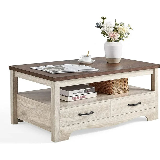 Farmhouse Coffee Table with Storage – Rustic Modern Wood Center Table.Elevate your living room with this durable, waterproof farmhouse coffee table featuring drawers and open shelves. Perfect for rustic or modern decor.