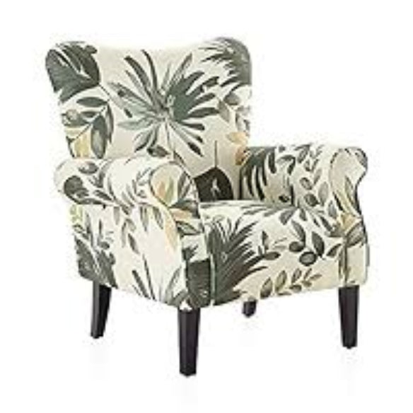A stylish Olive Green and Cream Floral Accent Chair featuring an elegant floral pattern in rich olive green and soft cream tones. The chair has a modern silhouette with a tufted wingback design and gracefully tapered wooden legs, offering a perfect blend of classic sophistication and contemporary style. The plush, cushioned seat and ergonomic backrest provide comfort and support, making it an ideal addition to a living room, office, or reading nook. The chair’s durable construction and timeless design add c