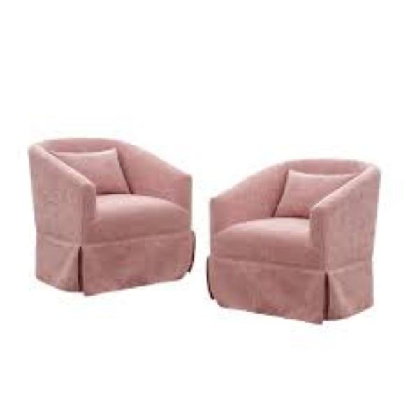 A set of two Blush Pink Swivel Accent Chairs featuring soft pastel pink upholstery. The chairs have a minimalist metal frame with wood detailing, a 360-degree swivel base for easy movement, and foam and spring cushioning for comfort. They are designed to blend modern aesthetics with natural beauty, offering a stylish and versatile seating solution for various home décor styles.