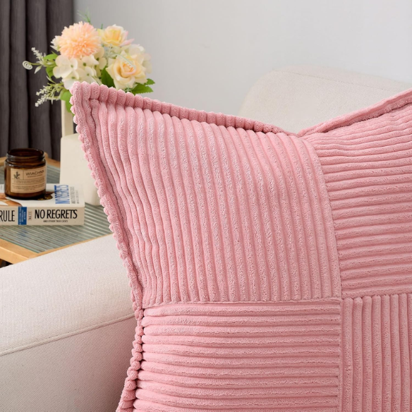 Pink corduroy pillow cover with modern geometric striped pattern, eco-friendly, machine washable, suitable for sofas, bedrooms, offices, and outdoor patios.