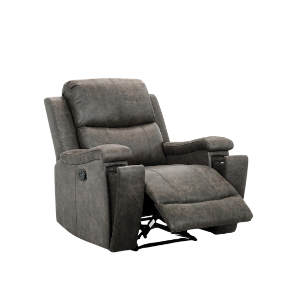Grey leather recliner chair with ergonomic armrests, adjustable backrest, and concealed cup holder for ultimate comfort and relaxation. Features durable faux leather upholstery, supportive foam padding, and a sturdy FSC-certified wood frame. Perfect for living rooms, home theaters, or reading spaces.