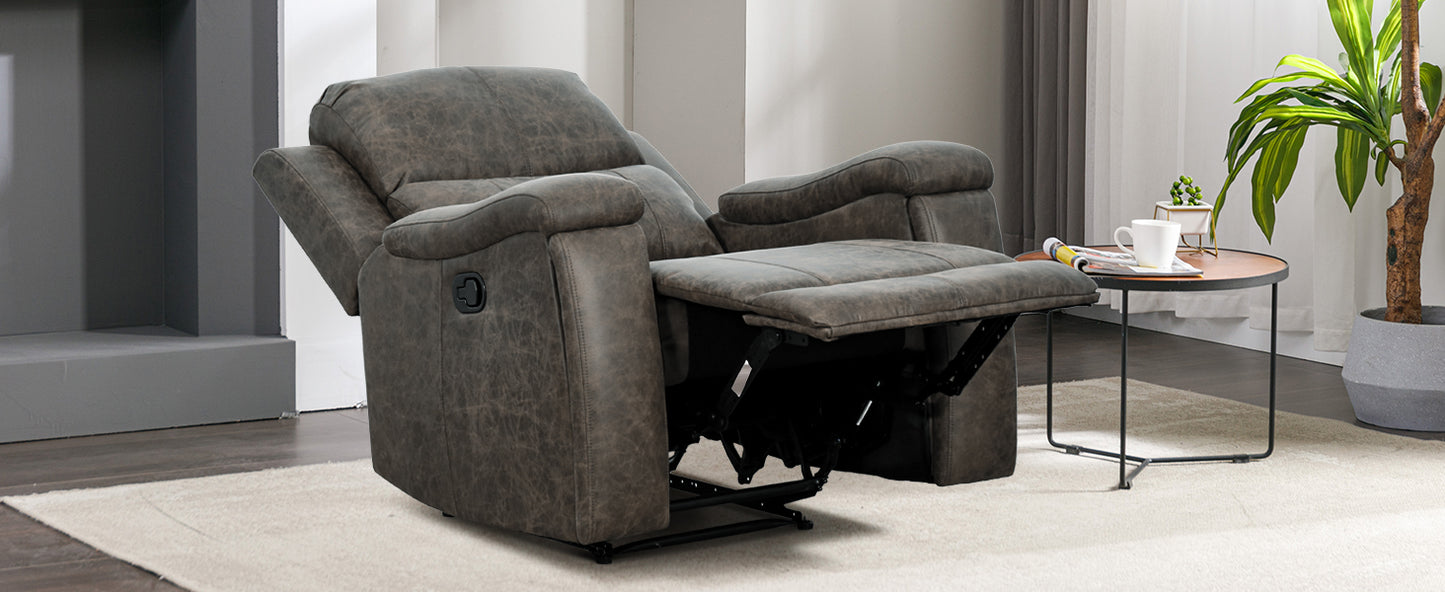 Grey leather recliner chair with ergonomic armrests, adjustable backrest, and concealed cup holder for ultimate comfort and relaxation. Features durable faux leather upholstery, supportive foam padding, and a sturdy FSC-certified wood frame. Perfect for living rooms, home theaters, or reading spaces.