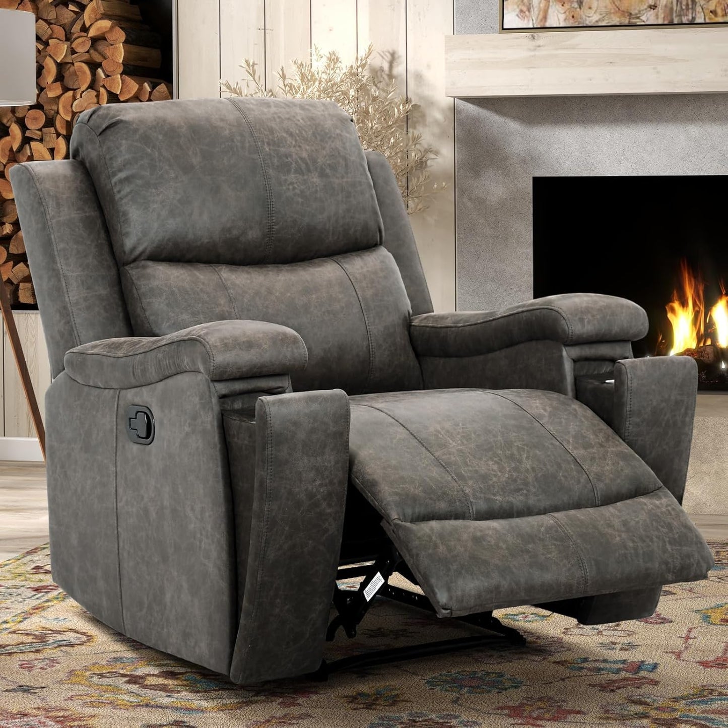 Grey leather recliner chair with ergonomic armrests, adjustable backrest, and concealed cup holder for ultimate comfort and relaxation. Features durable faux leather upholstery, supportive foam padding, and a sturdy FSC-certified wood frame. Perfect for living rooms, home theaters, or reading spaces.