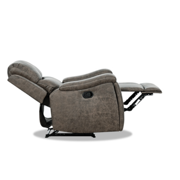 Grey leather recliner chair with ergonomic armrests, adjustable backrest, and concealed cup holder for ultimate comfort and relaxation. Features durable faux leather upholstery, supportive foam padding, and a sturdy FSC-certified wood frame. Perfect for living rooms, home theaters, or reading spaces.