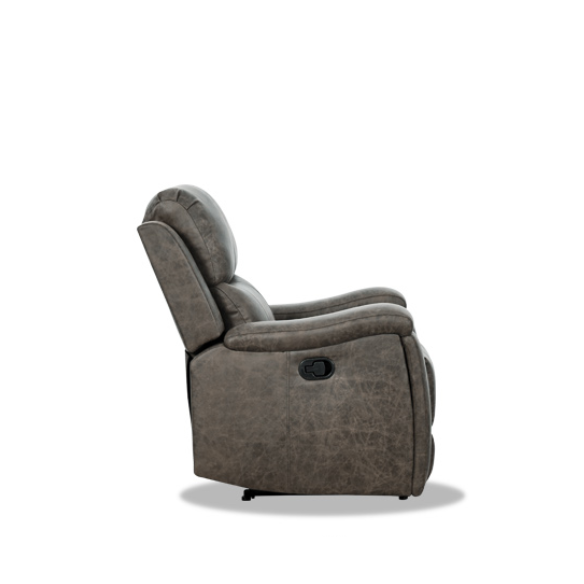 Grey leather recliner chair with ergonomic armrests, adjustable backrest, and concealed cup holder for ultimate comfort and relaxation. Features durable faux leather upholstery, supportive foam padding, and a sturdy FSC-certified wood frame. Perfect for living rooms, home theaters, or reading spaces.