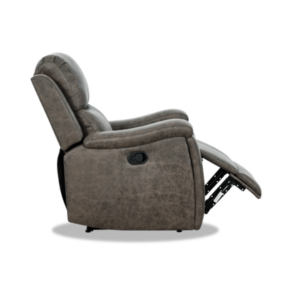 Grey leather recliner chair with ergonomic armrests, adjustable backrest, and concealed cup holder for ultimate comfort and relaxation. Features durable faux leather upholstery, supportive foam padding, and a sturdy FSC-certified wood frame. Perfect for living rooms, home theaters, or reading spaces.