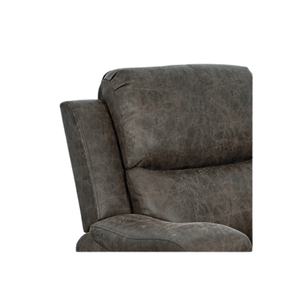 Grey leather recliner chair with ergonomic armrests, adjustable backrest, and concealed cup holder for ultimate comfort and relaxation. Features durable faux leather upholstery, supportive foam padding, and a sturdy FSC-certified wood frame. Perfect for living rooms, home theaters, or reading spaces.