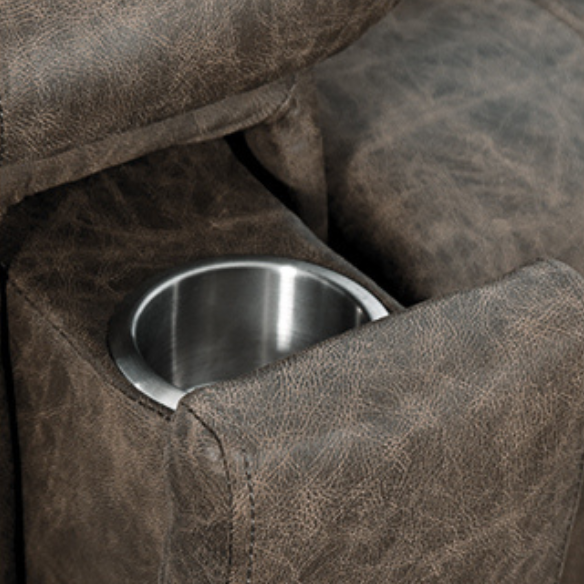 Grey leather recliner chair with ergonomic armrests, adjustable backrest, and concealed cup holder for ultimate comfort and relaxation. Features durable faux leather upholstery, supportive foam padding, and a sturdy FSC-certified wood frame. Perfect for living rooms, home theaters, or reading spaces.