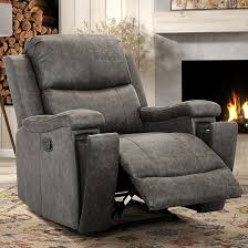 Grey leather recliner chair with ergonomic armrests, adjustable backrest, and concealed cup holder for ultimate comfort and relaxation. Features durable faux leather upholstery, supportive foam padding, and a sturdy FSC-certified wood frame. Perfect for living rooms, home theaters, or reading spaces.