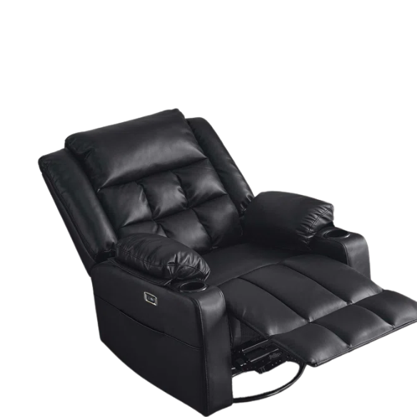 Black Leather Recliner with 270° swivel, heated massage, cup holders, footrest, and USB & Type-C charging ports. Comfortable wing-back design, durable wood and metal frame, ideal for relaxation in living room, bedroom, or study. Weight capacity: 350 lbs. Easy assembly.