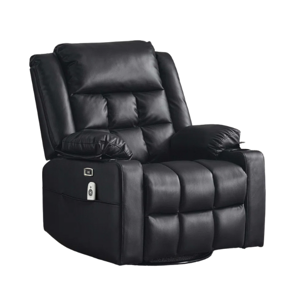 Black Leather Recliner with 270° swivel, heated massage, cup holders, footrest, and USB & Type-C charging ports. Comfortable wing-back design, durable wood and metal frame, ideal for relaxation in living room, bedroom, or study. Weight capacity: 350 lbs. Easy assembly.