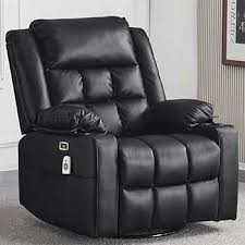 Black Leather Recliner with 270° swivel, heated massage, cup holders, footrest, and USB & Type-C charging ports. Comfortable wing-back design, durable wood and metal frame, ideal for relaxation in living room, bedroom, or study. Weight capacity: 350 lbs. Easy assembly.