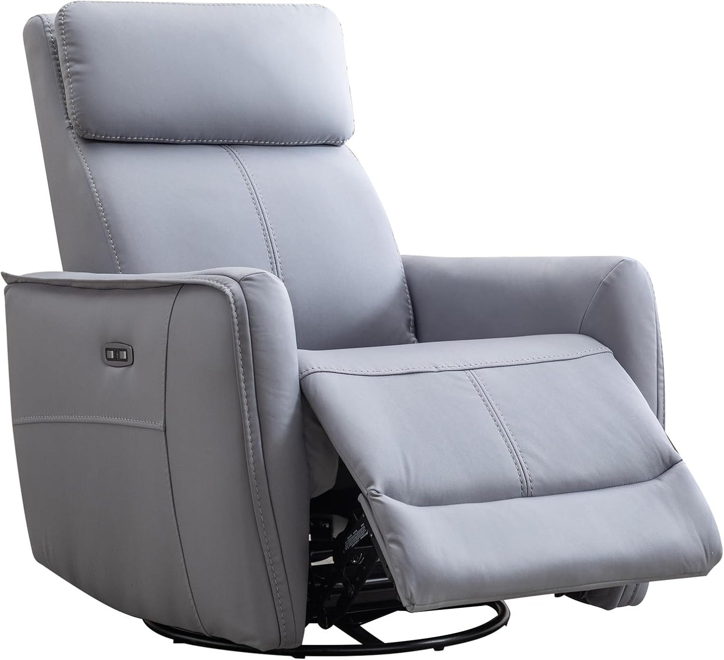 Blue grey power swivel rocker recliner with 270° swivel, smooth gliding recline, USB charging port, and durable faux leather fabric. Supports up to 350 lbs, perfect for living room, bedroom, or nursery. Easy assembly and quiet motor.