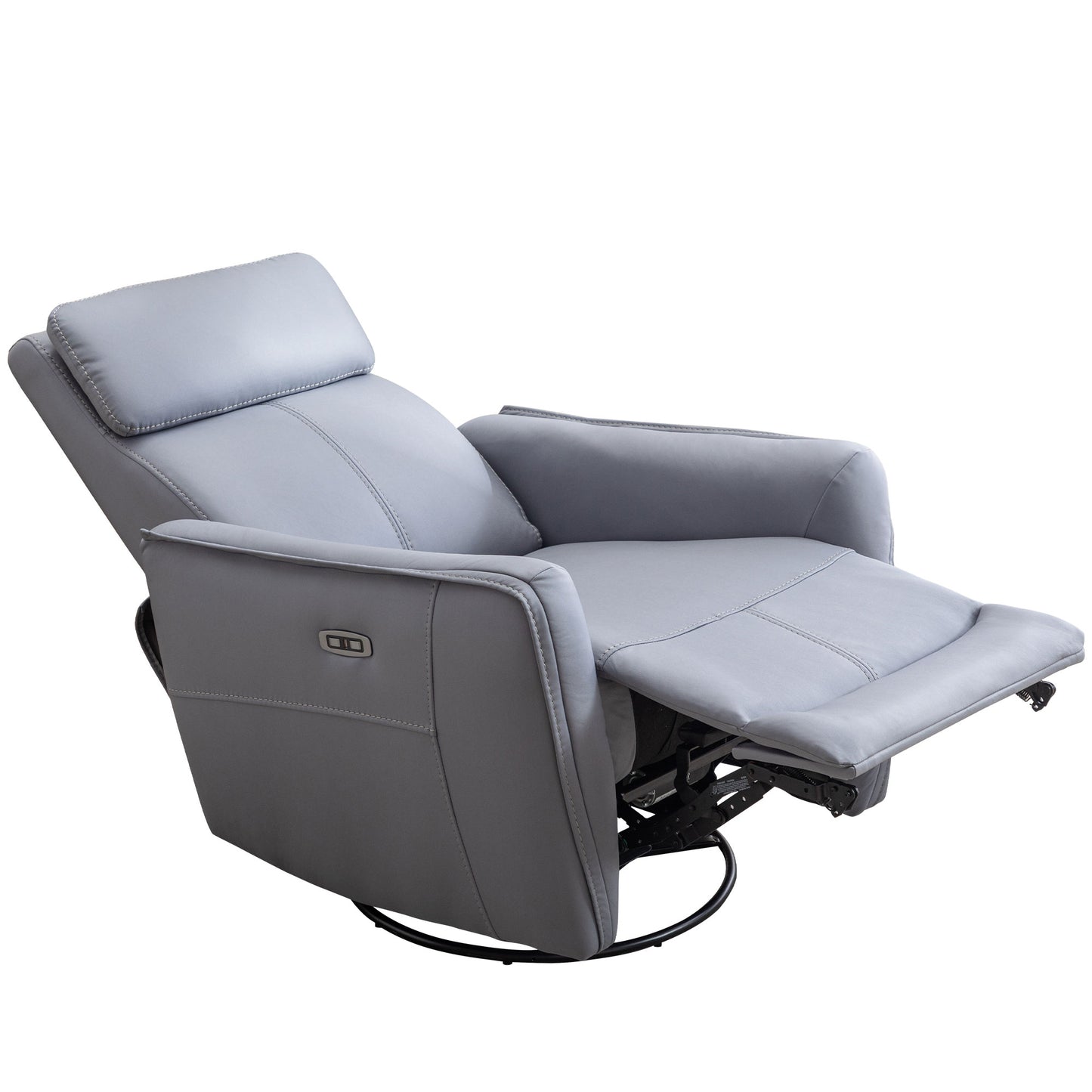 Blue grey power swivel rocker recliner with 270° swivel, smooth gliding recline, USB charging port, and durable faux leather fabric. Supports up to 350 lbs, perfect for living room, bedroom, or nursery. Easy assembly and quiet motor.