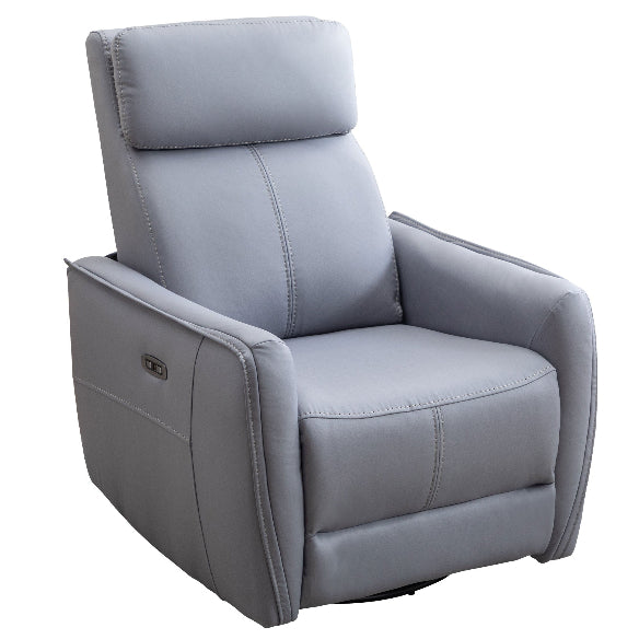 Blue grey power swivel rocker recliner with 270° swivel, smooth gliding recline, USB charging port, and durable faux leather fabric. Supports up to 350 lbs, perfect for living room, bedroom, or nursery. Easy assembly and quiet motor.