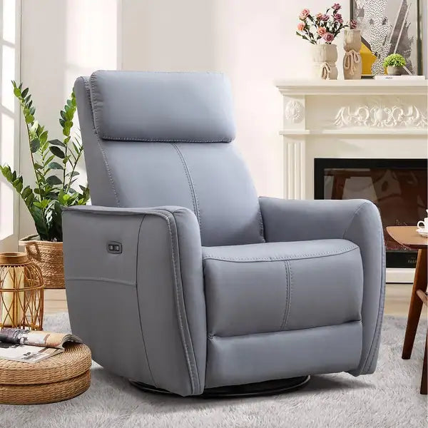 Blue grey power swivel rocker recliner with 270° swivel, smooth gliding recline, USB charging port, and durable faux leather fabric. Supports up to 350 lbs, perfect for living room, bedroom, or nursery. Easy assembly and quiet motor.