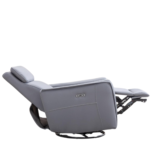 Blue grey power swivel rocker recliner with 270° swivel, smooth gliding recline, USB charging port, and durable faux leather fabric. Supports up to 350 lbs, perfect for living room, bedroom, or nursery. Easy assembly and quiet motor.