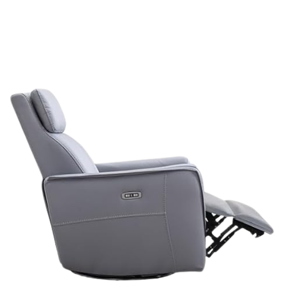 Blue grey power swivel rocker recliner with 270° swivel, smooth gliding recline, USB charging port, and durable faux leather fabric. Supports up to 350 lbs, perfect for living room, bedroom, or nursery. Easy assembly and quiet motor.